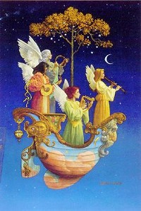 Oil painting of angels in a boat flying in the sky