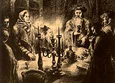 Old pencil drawing of a family having a sacred meal.